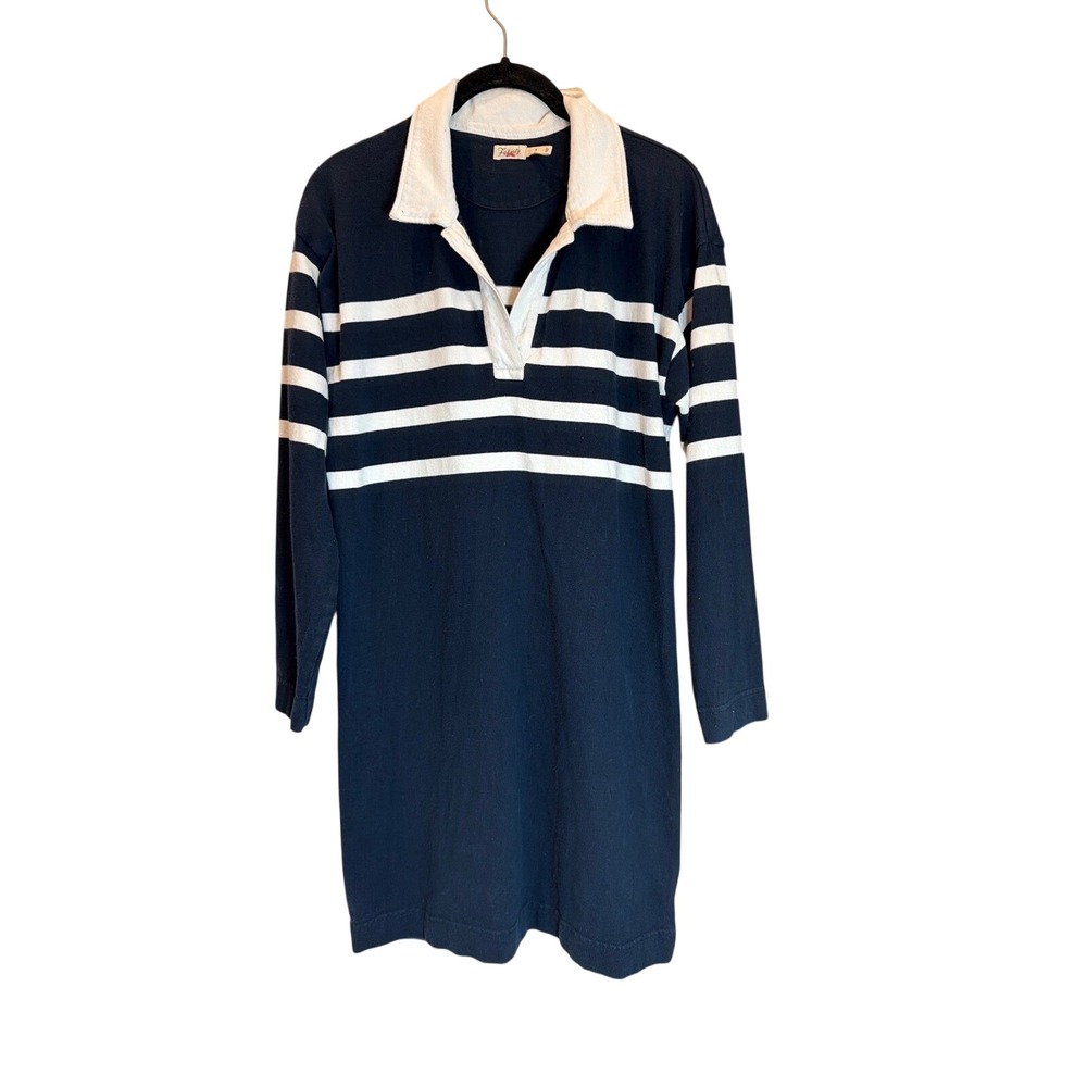 Faherty Navy White Striped Cotton Rugby Polo Shirt Dress Long Sleeve Small